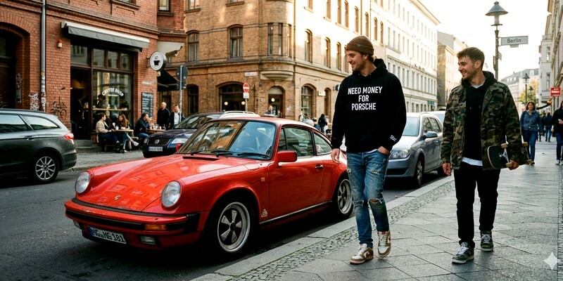 Need Money for Porsche - 2 jeunes à côté d'une voiture rouge